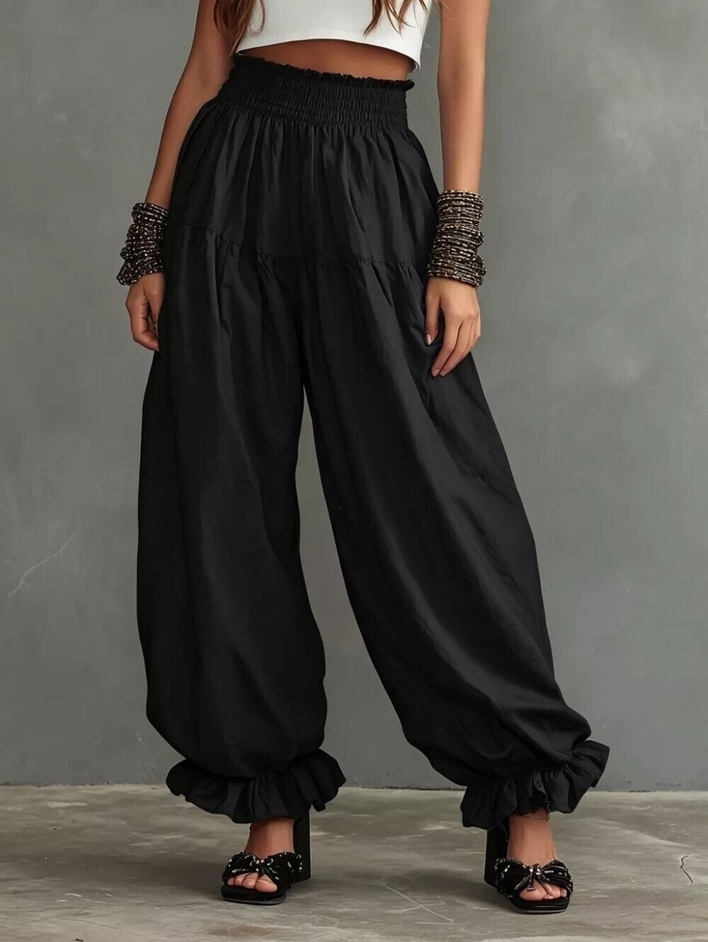 Smocked Waist Black Balloon Pants
